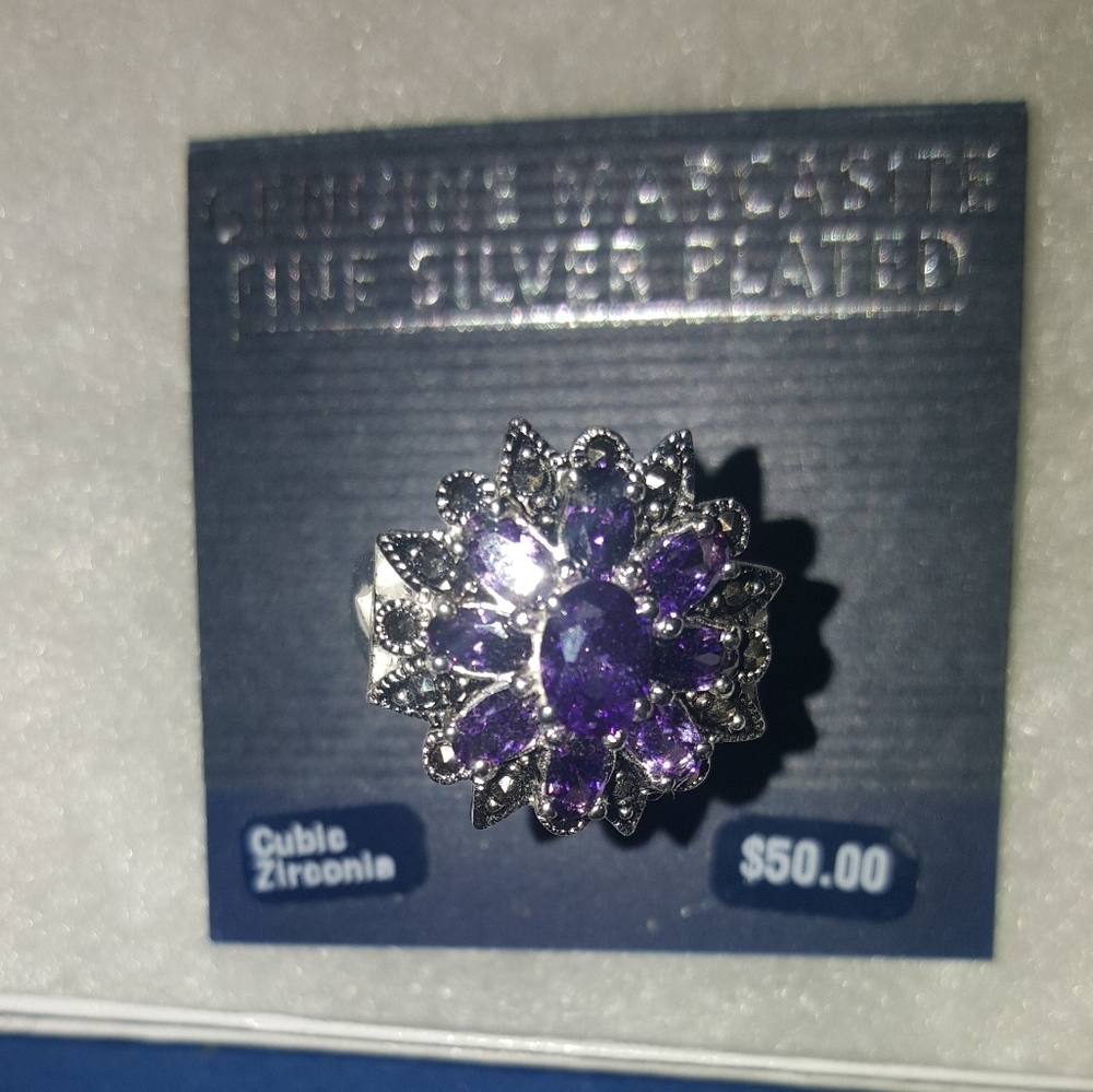 "Genuine Marcasite Ring" amethyst stones